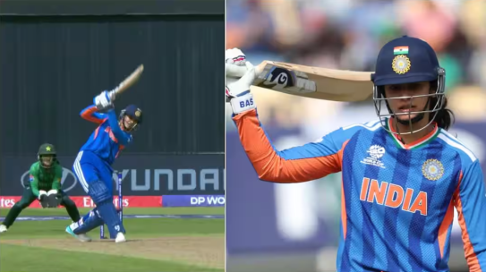 पाकिस्तान की ज़बरदस्त धुनाई; मंधाना और घोष के शानदार प्रदर्शन से भारत ने 170 रन बनाए; आखिरी दो ओवरों में 38 रन बने।